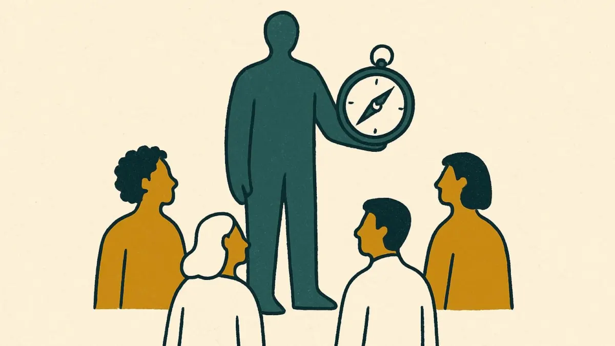 Editorial illustration of how to be a better leader at work, leader with compass guiding a diverse team.
