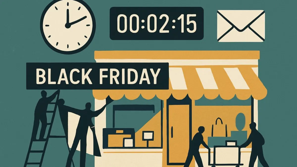 Black Friday marketing strategy illustration with shopfront, clock, banners, and digital icons.
