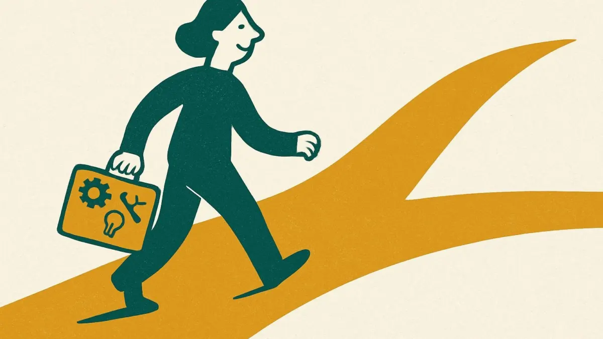 Editorial illustration showing career change at 40, with a confident figure at a crossroads carrying a suitcase of skills.