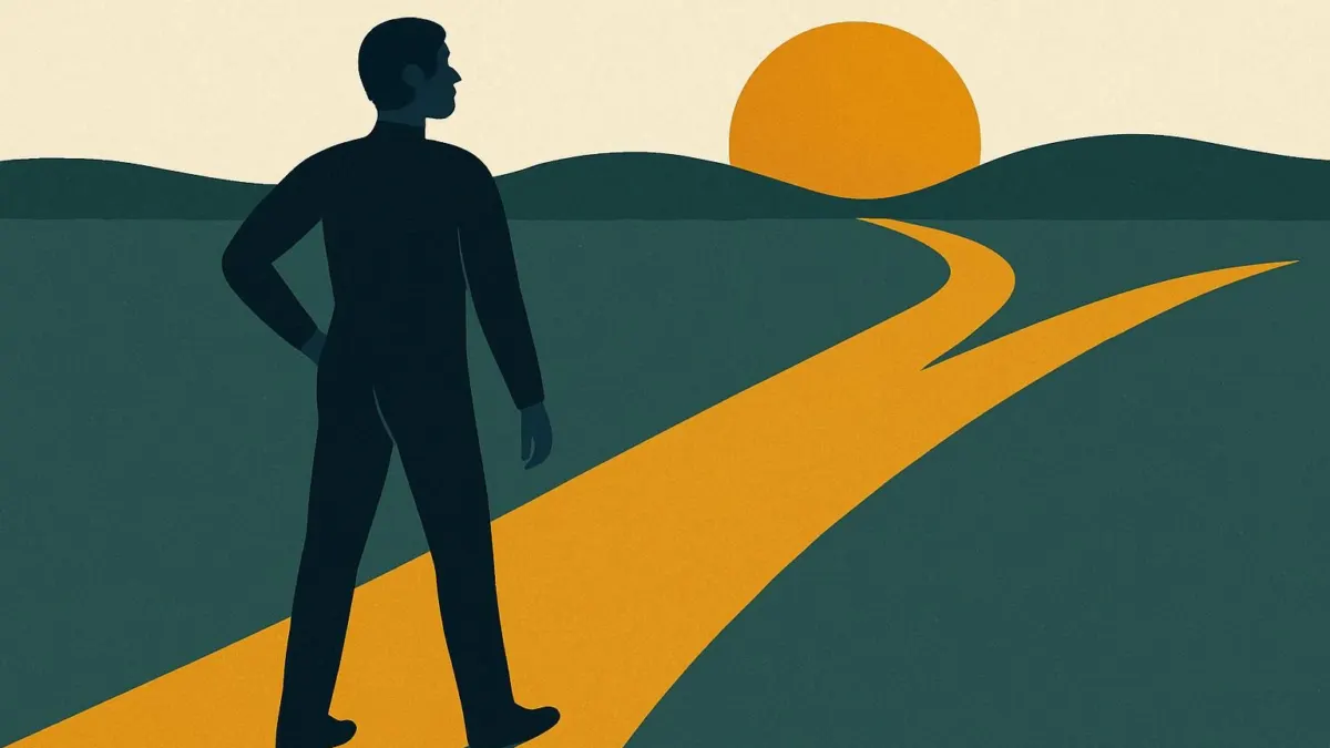 Editorial illustration of a career change at 50, person at a crossroads, sunrise symbolizing new beginnings.