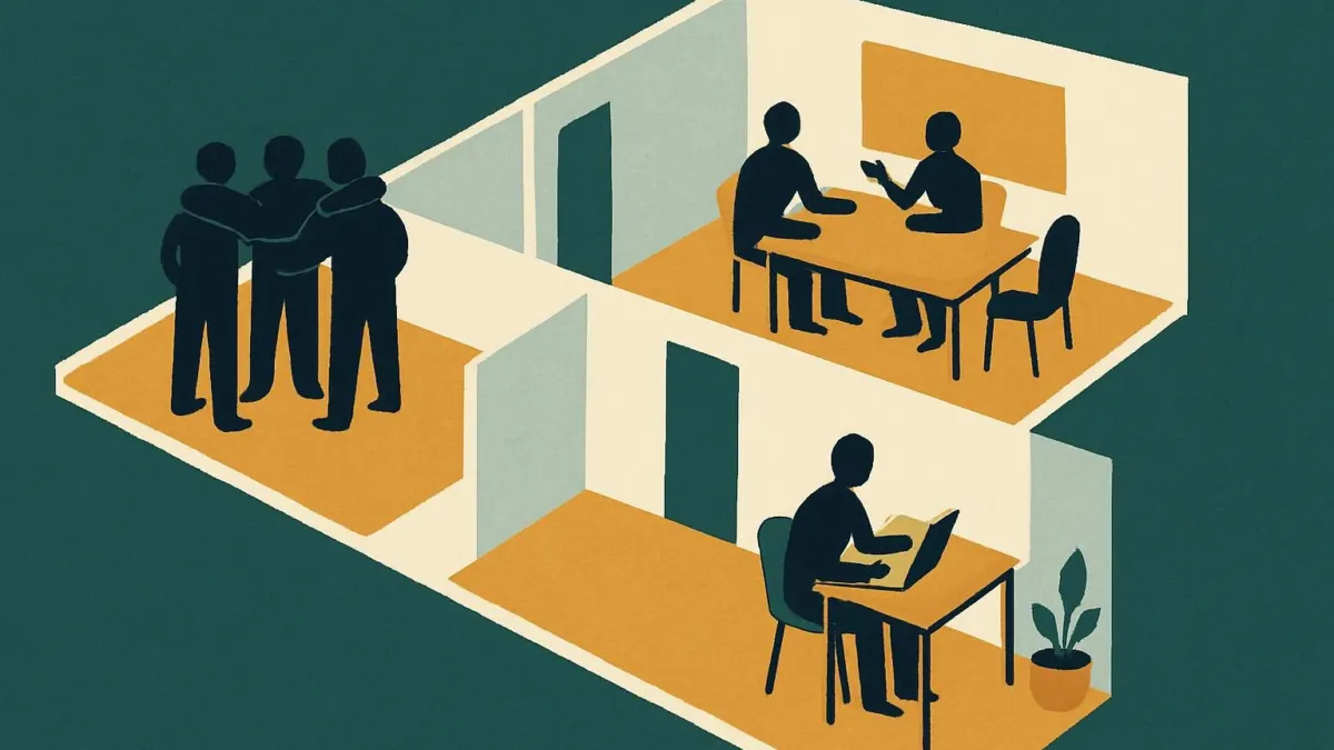 Editorial illustration showing company culture examples in an office, each area reflecting a unique workplace culture.