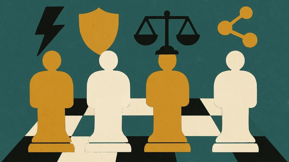 Editorial illustration of competitive advantage examples, showing companies represented as chess pieces with symbols for cost, differentiation, and network effects.