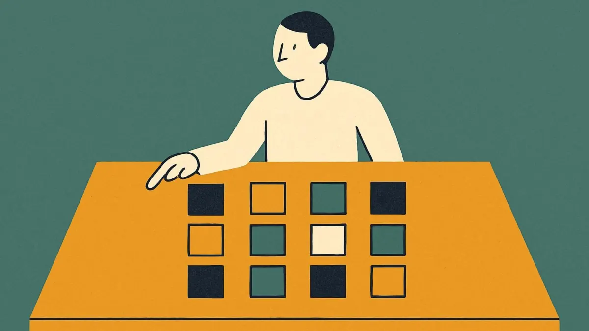 Editorial illustration of a competitive analysis with companies compared in a matrix, flat modern style.