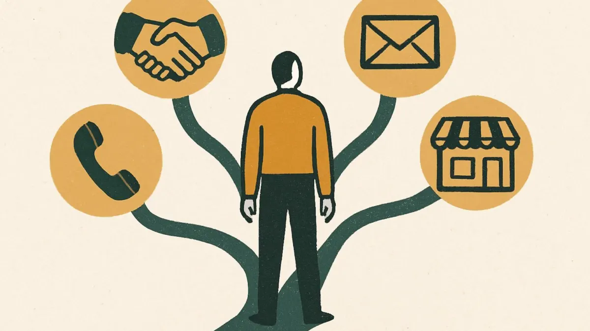 Editorial illustration for customer experience strategy, showing a figure at the center of branching customer journey paths.