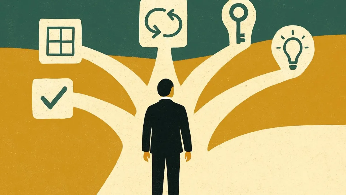 Editorial illustration of decision making frameworks for leaders, featuring a leader at a crossroads with multiple paths.