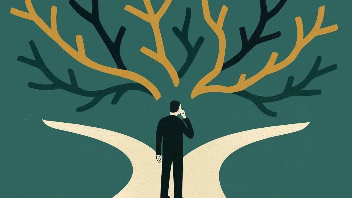 Editorial illustration of decision making under uncertainty showing a figure at a forked road.