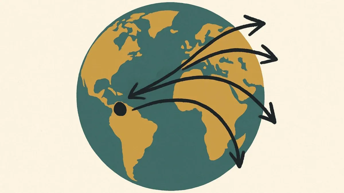 Editorial illustration showing how to expand business internationally, with arrows from one country to others.