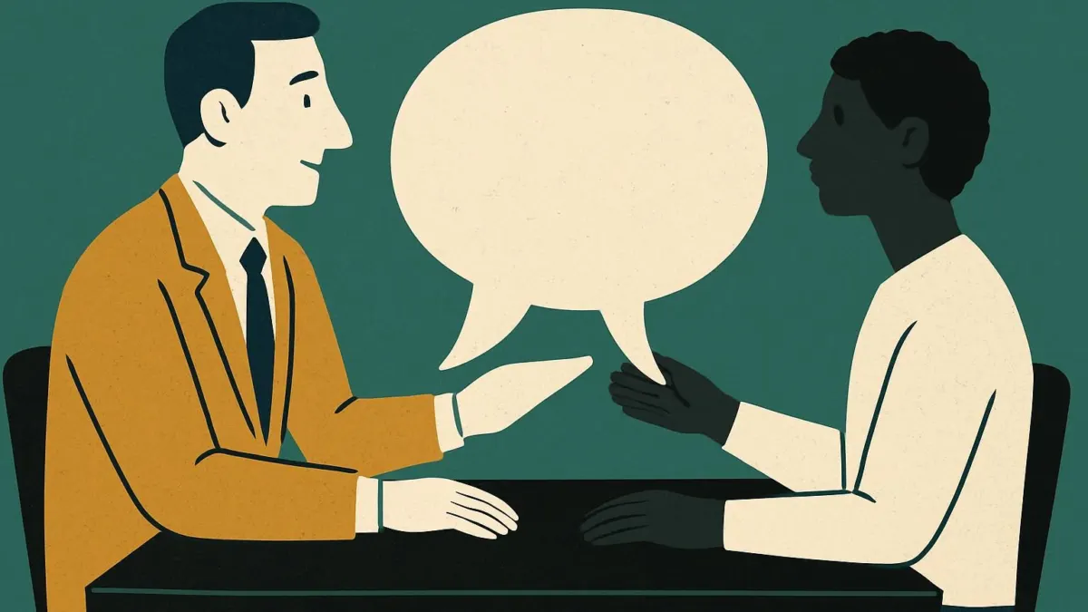 Editorial illustration showing how to give feedback to employees, with a manager and employee exchanging a speech bubble.