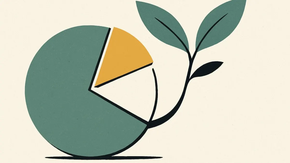 Editorial illustration of innovation budget planning with a pie chart transforming into a growing plant, using flat design.