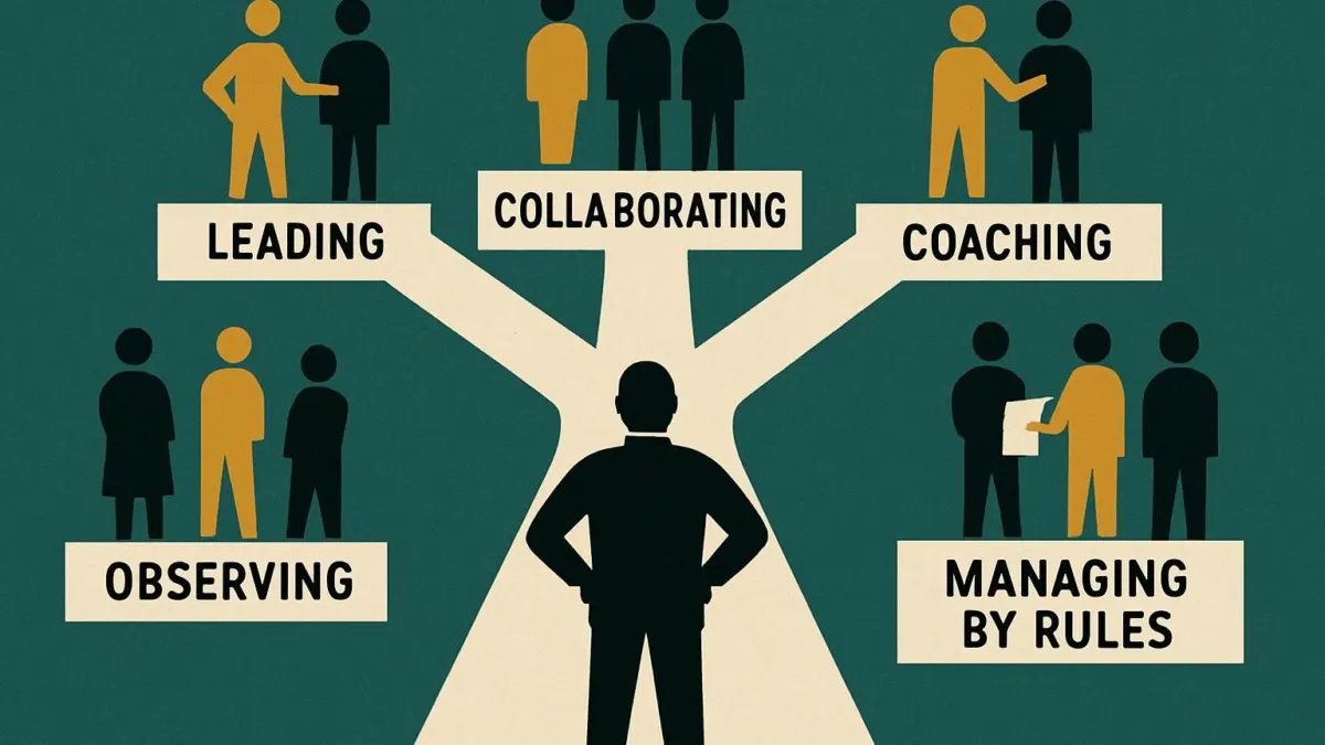 Editorial illustration showing nine leadership styles in management, with a manager at a crossroads.
