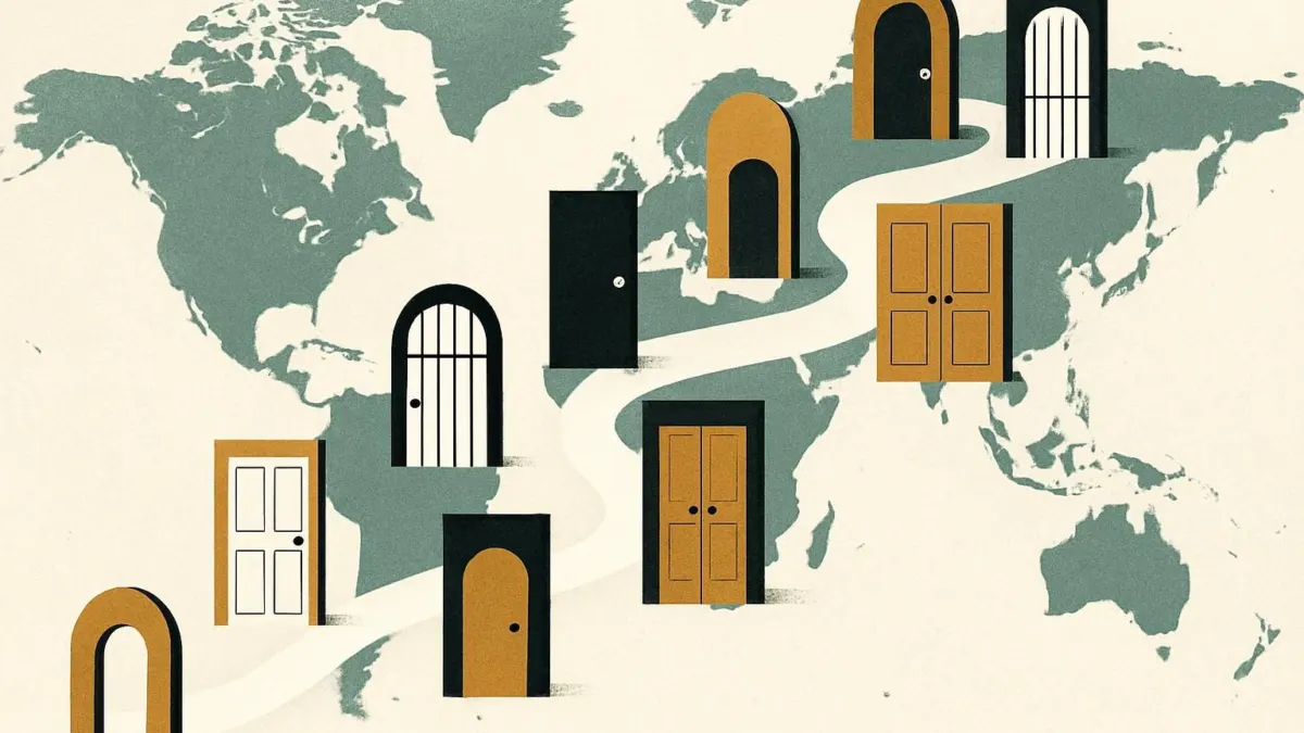 Editorial illustration showing various market entry strategies for international business.