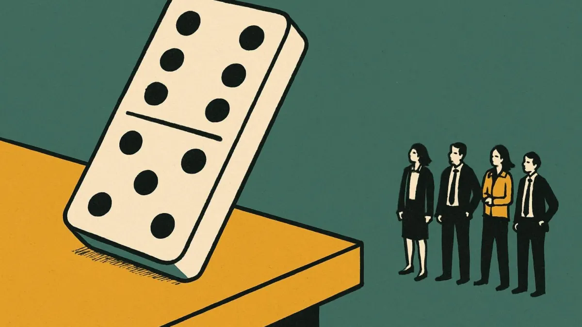 Editorial illustration for will there be a recession in 2027, showing a domino about to fall.