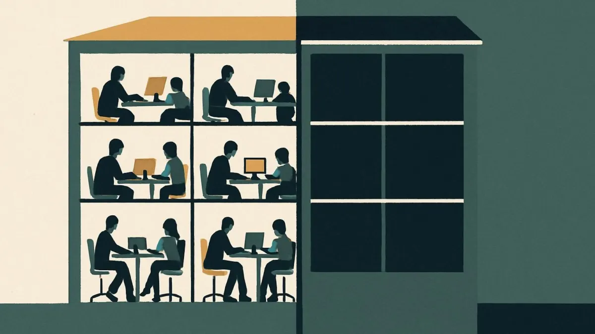 Editorial illustration showing the impact of a return to office mandate with a split office scene.