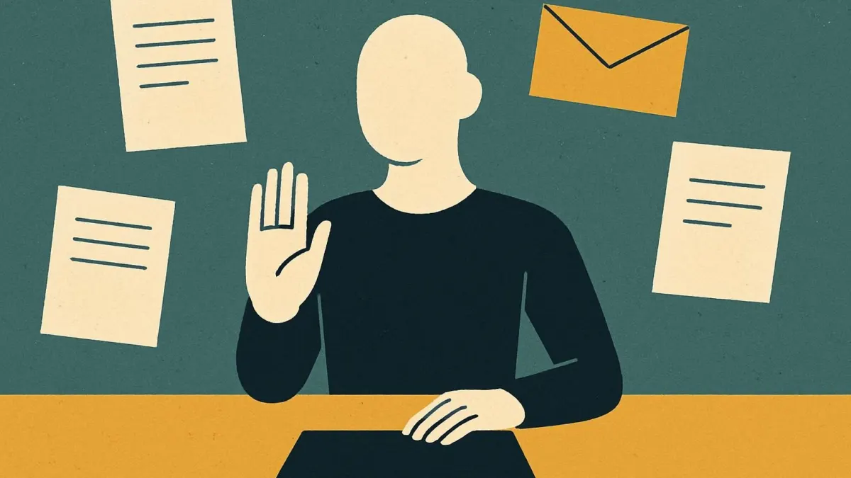 Editorial illustration of how to say no at work: figure at desk politely declining work requests.