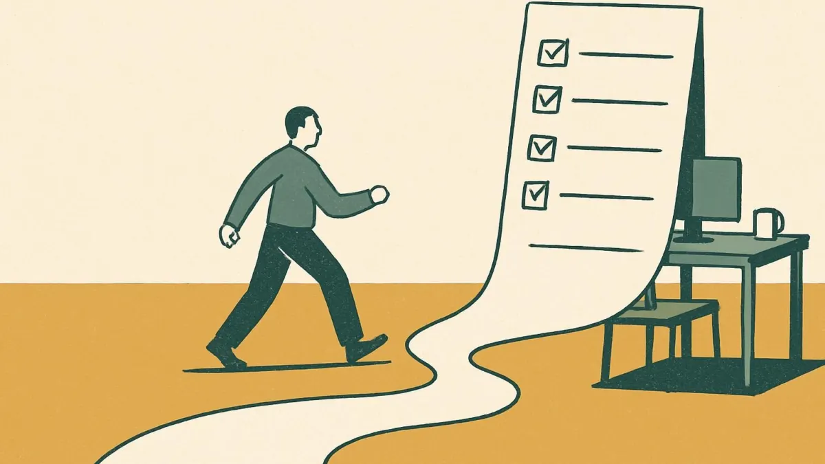 how to stop procrastinating at work illustrated as a figure tackling a to-do list in an office