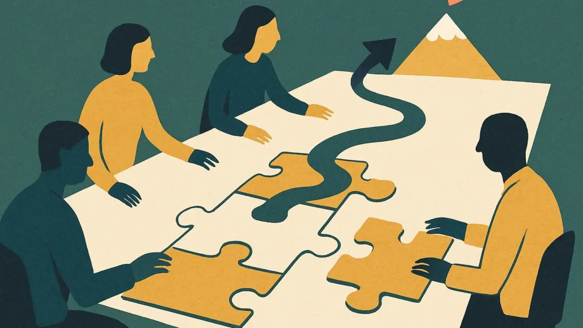 Editorial illustration of the strategic planning process with a team arranging puzzle pieces toward a goal.