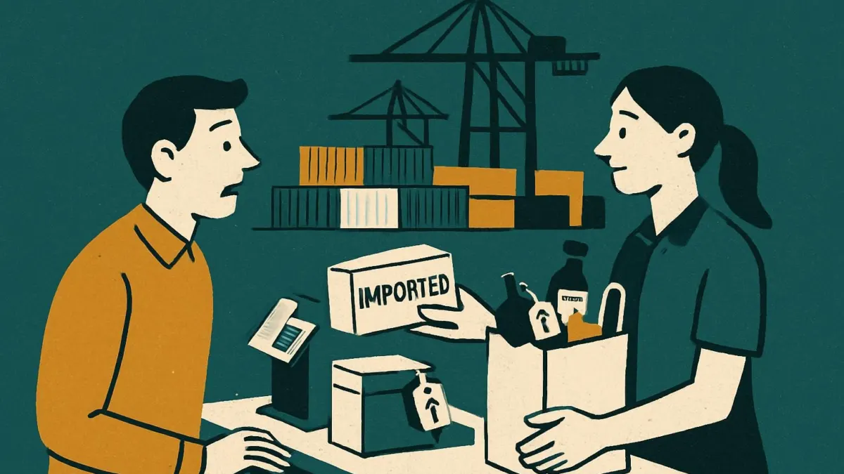 Editorial illustration showing tariffs impact on consumers with rising prices at checkout.