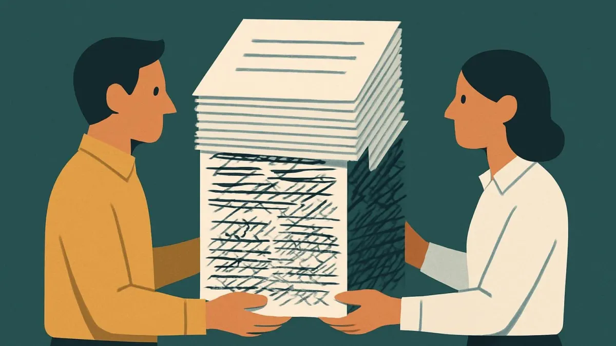 Editorial illustration of workslop, showing office workers passing a stack of polished but messy AI-generated papers.